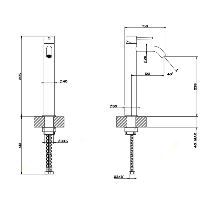 GESSI 316 смеситель для раковины на 1 отверстие, высокий h=305мм,  без донного клапана, излив 123мм, цвет: steel brushed - Gidratop.ru изображение