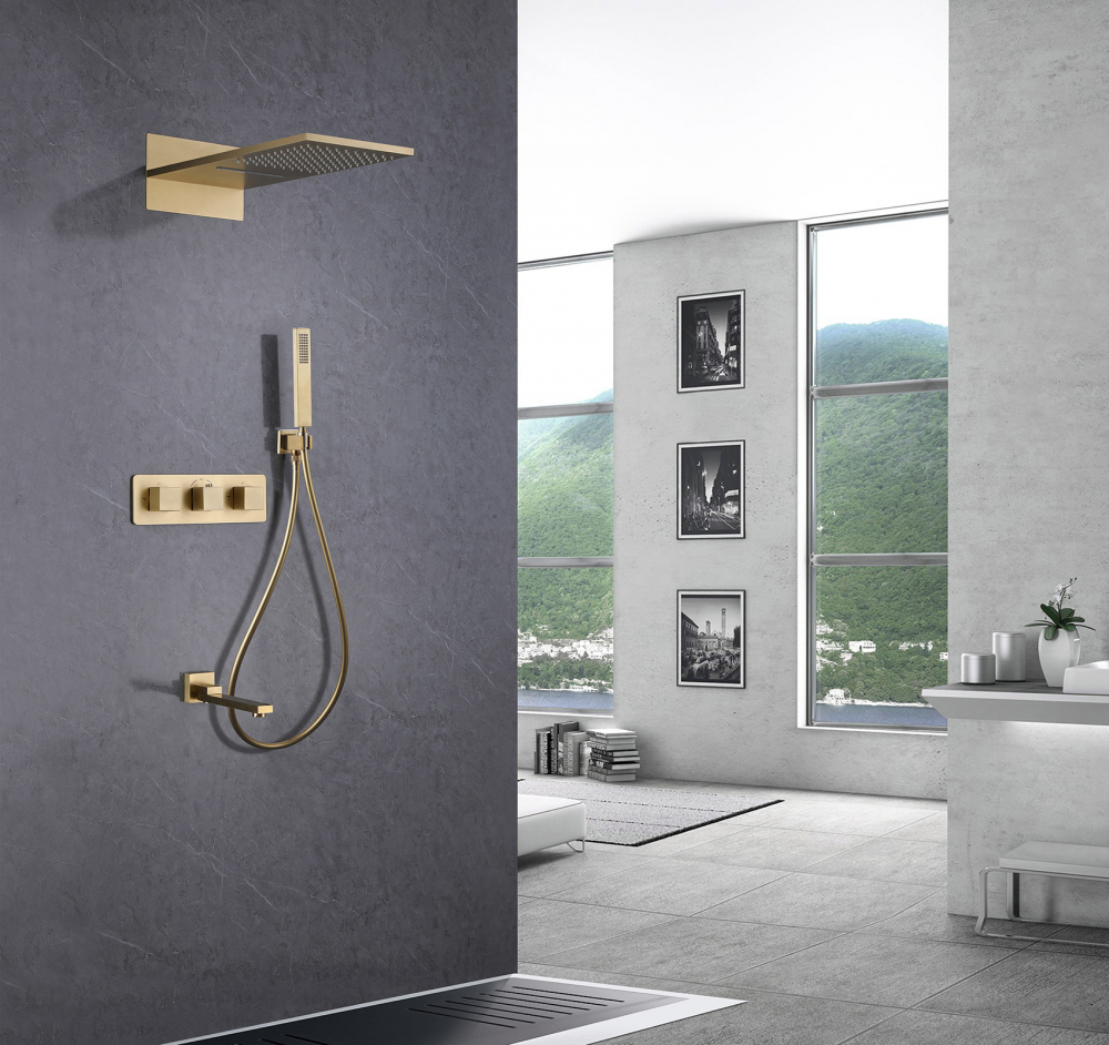 Душевая система ABBER Daheim AF8253G скрытого монтажа с изливом, термостат, золото матовое - Gidratop.ru изображение