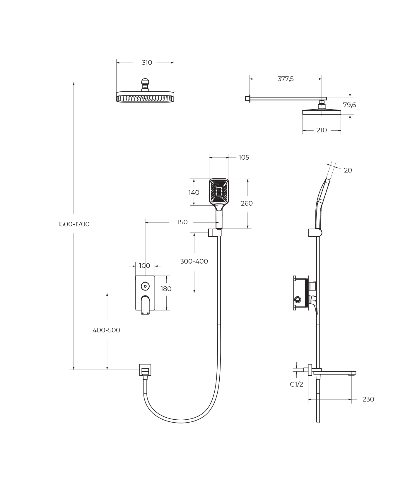 DUE Душевой комплект встраиваемый с изливом (смеситель встраиваемый, верхний душ, ручной душ со шлангом, штуцер с держателем), хром DUE-VDSET-CRM - Gidratop.ru изображение