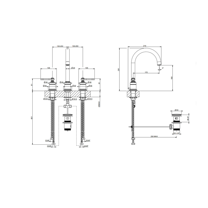 GESSI VENTI20 смеситель для раковины на 3 отверстия, высота излива 168 мм., в комплекте с донным клапаном, цвет хром - Gidratop.ru изображение
