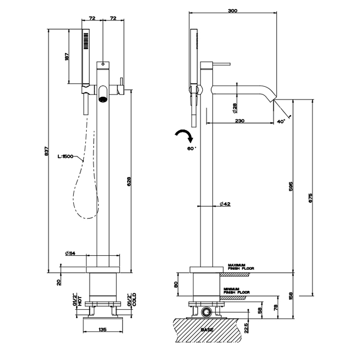 GESSI 316 напольный смеситель для ванны с душевой лейкой (внешние части), цвет: brushed black metal pvd - Gidratop.ru изображение