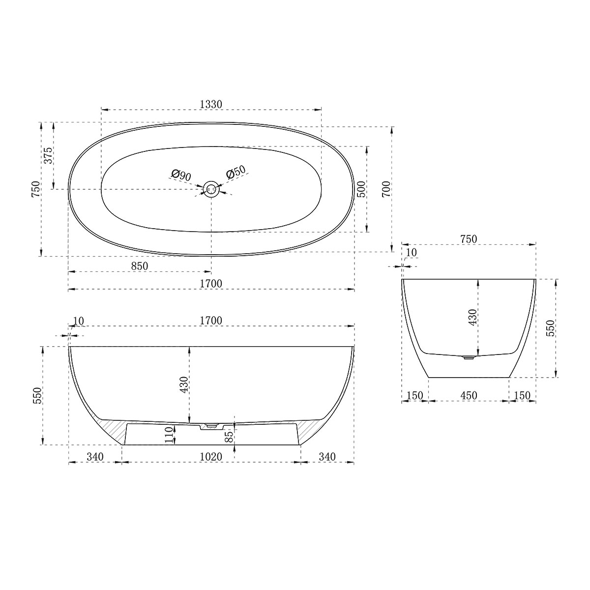 Ванна прозрачна Vincea VBT-6T01B, 1700*750*550, цвет черный - Gidratop.ru изображение