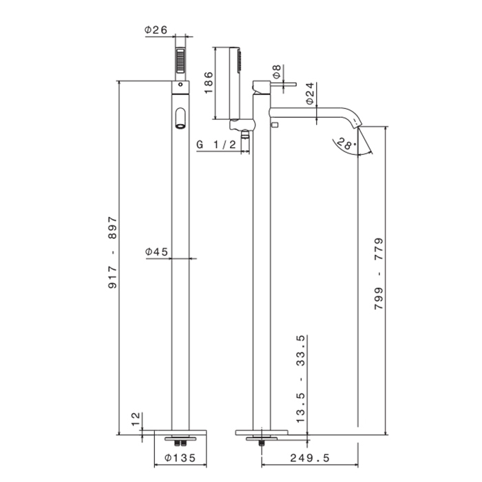 Newform XT Смеситель для ванны напольный, излив 243 мм, в комплекте руч. душ, шланг, без встраиваемой части, (для 27819) цвет: хром - Gidratop.ru изображение