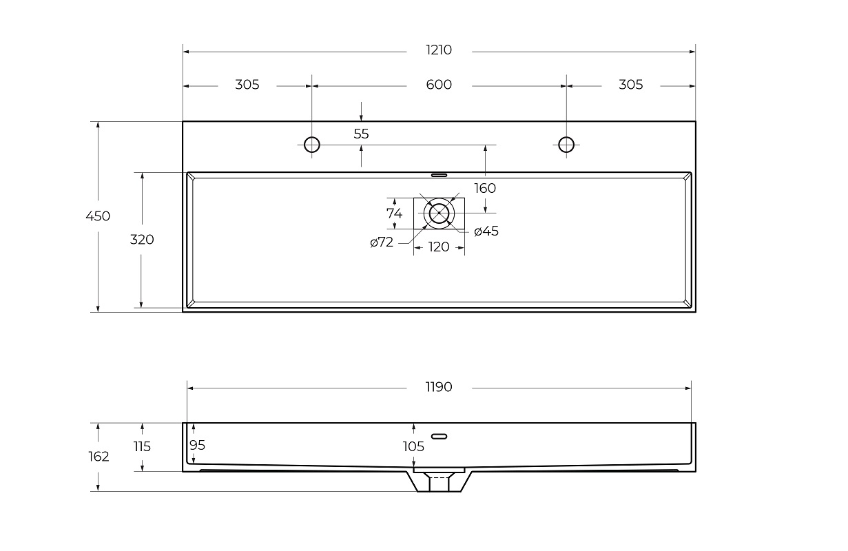 раковина из искусственного мрамора, 50314 Bianco opaco, 121x45x11,5 - Gidratop.ru изображение