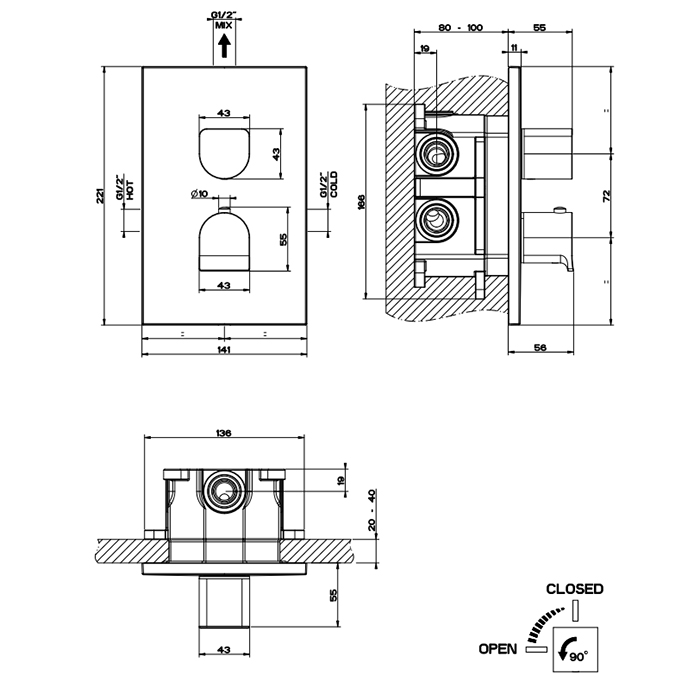 GESSI Rilievo встраиваемый смеситель для душа, термостатический,  на 1 источник (внешние части), цвет: nero XL - Gidratop.ru изображение