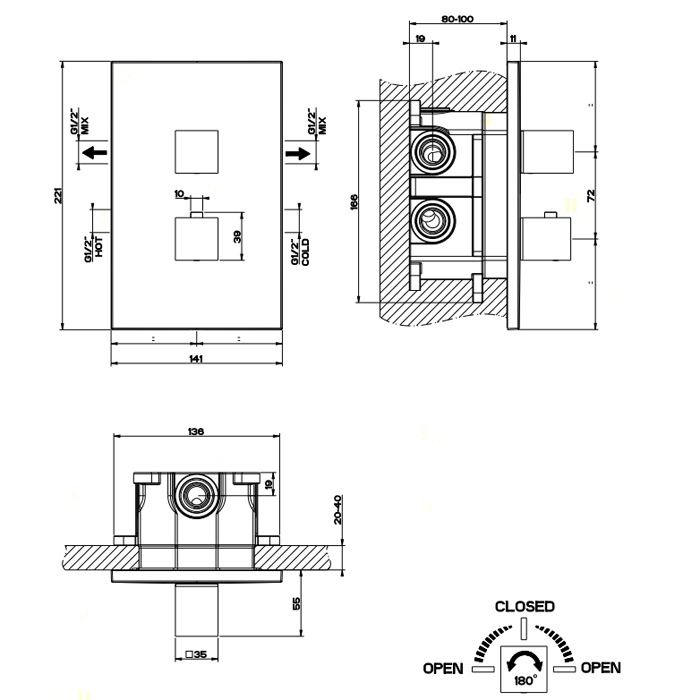 Gessi Rettangolo встраиваемый термостат, подключение на 3/4, с переключателем на 2 выхода(внешние части), цвет: хром - Gidratop.ru изображение