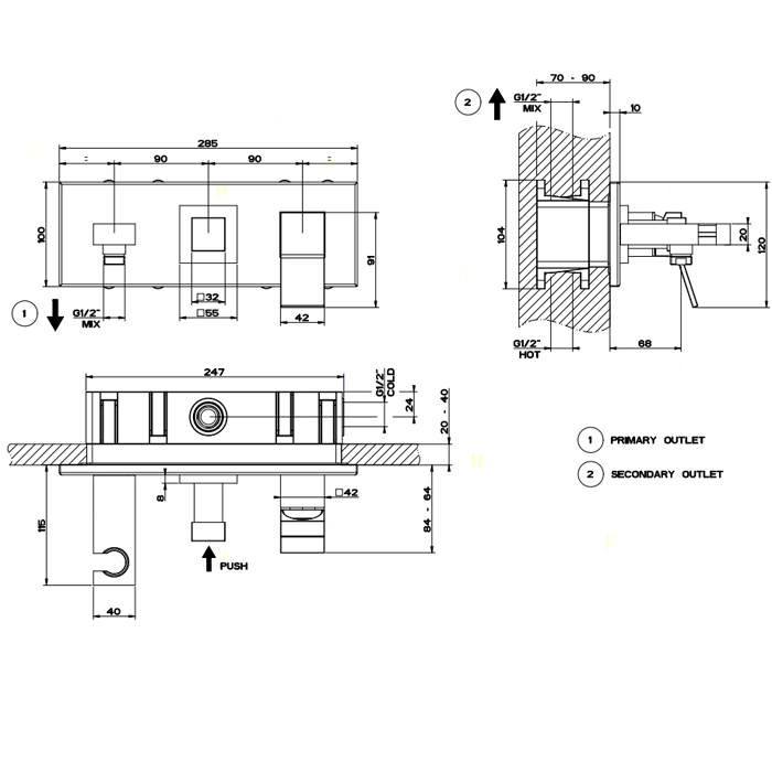 Gessi Rettangolo K встраиваемый смеситель однорычажный, подводом воды, держателем лейки и переключателем PUSH(внешние части), цвет: хром - Gidratop.ru изображение