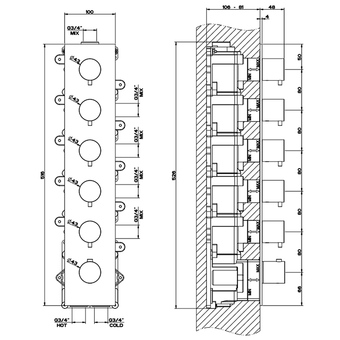 GESSI 316 встраиваемый термостатический смеситель на 5 источников, резьба 3/4 (внешние части), цвет: brushed black metal pvd - Gidratop.ru изображение