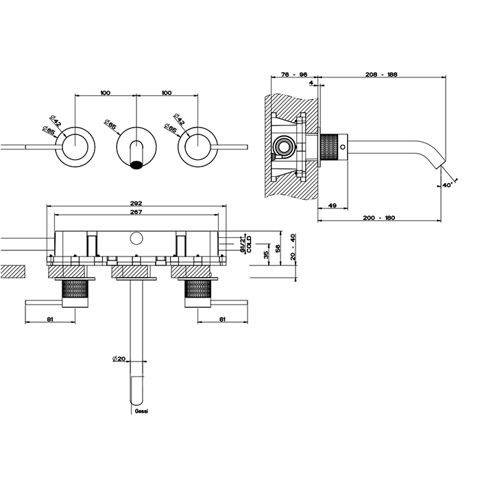 GESSI 316 встраиваемый смеситель для раковины на 3 отверстия, излив 200-180мм (внешние части), цвет: brushed black metal pvd - Gidratop.ru изображение