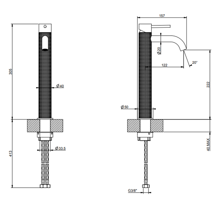 GESSI 316 смеситель для раковины на 1 отверстие, высокий, h=305мм, без донного клапана, излив 123мм, цвет: brushed black metal pvd - Gidratop.ru изображение