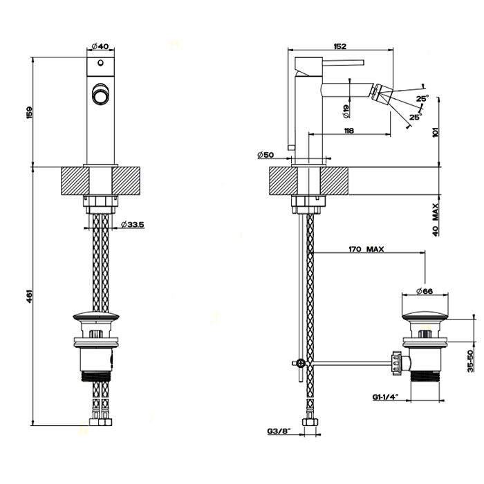 GESSI 316 смеситель для биде на 1 отверстие с донным клапаном, излив 118мм, цвет: steel brushed - Gidratop.ru изображение