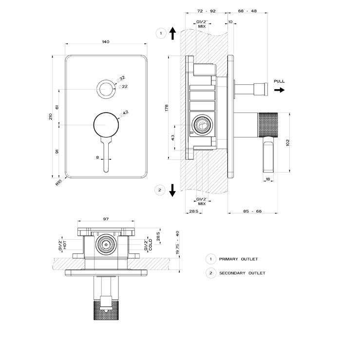 GESSI INCISO встраиваемый смеситель, на 2 источника с автоматическим переключателем (внешняя часть), цвет: nero XL - Gidratop.ru изображение