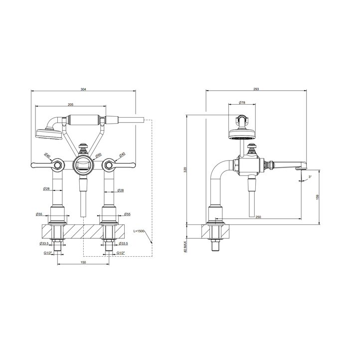 GESSI VENTI20 смеситель для установки на борт ванны на 2 отверстия, двухвентильный, с ручным душем и шлангом 1500 мм., цвет Finox Brushed Nickel - Gidratop.ru изображение