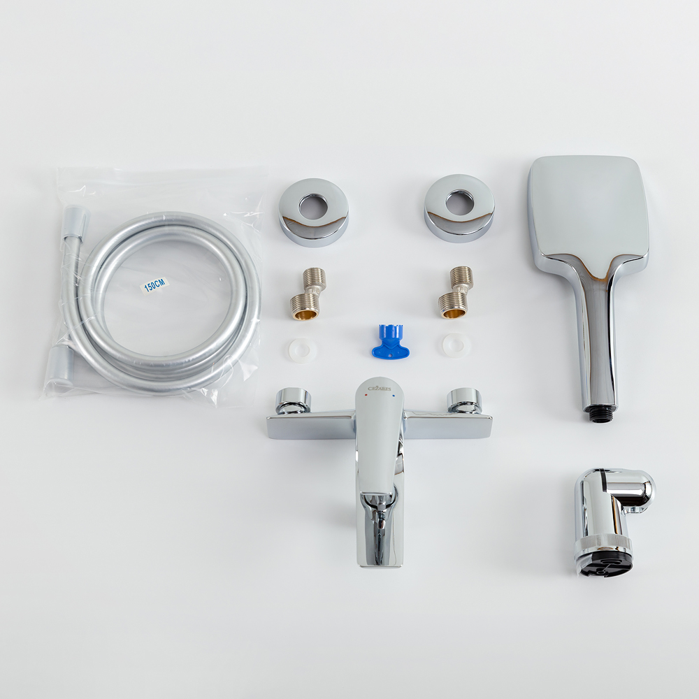 LINER-VD-01 Смеситель для ванны и душа однорычажный  в комплекте с ручным душем, шлангом и держателем, исполнение хром - Gidratop.ru изображение