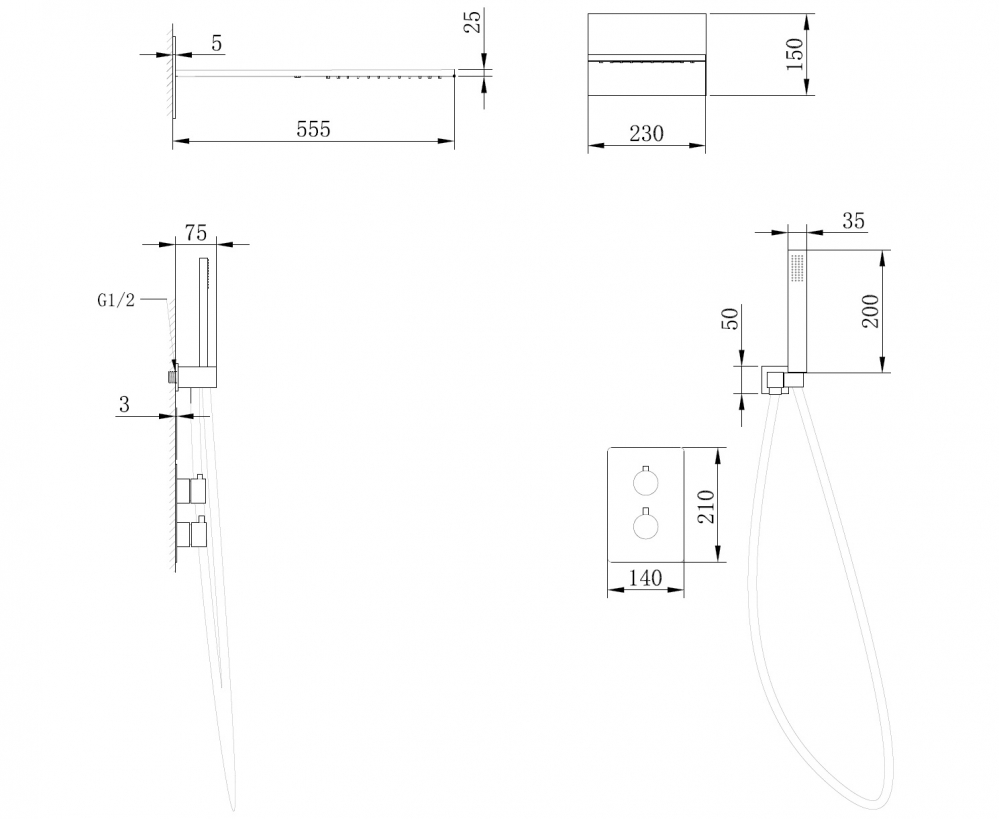 Душевая система ABBER Weiss Insel AF8052B скрытого монтажа без излива, термостат, черная матовая - Gidratop.ru изображение