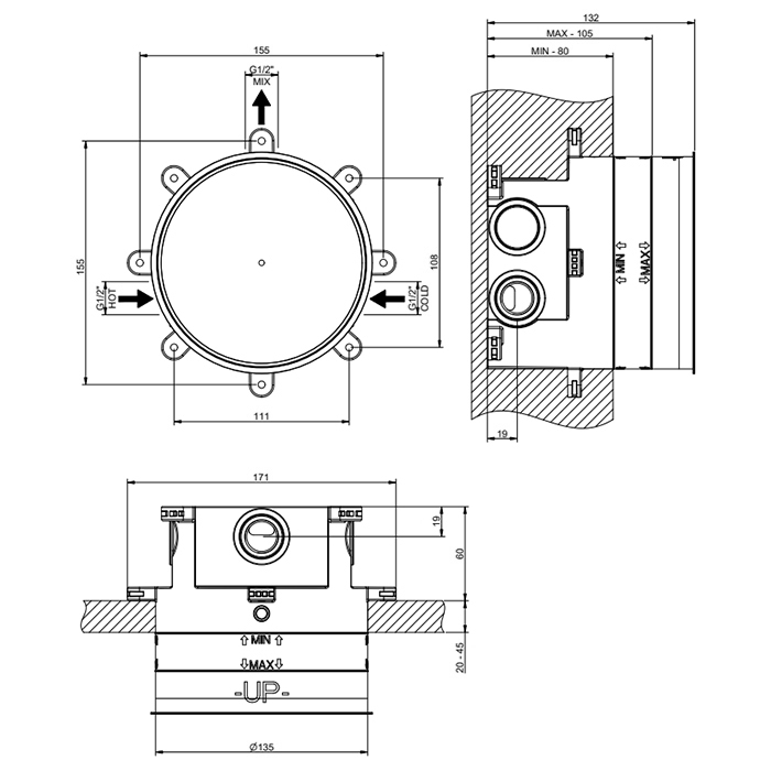 GESSI HI-FI COMFORT встраиваемая часть для термостатического смесителя с 1 запорной кнопкой, цвет хром - Gidratop.ru изображение