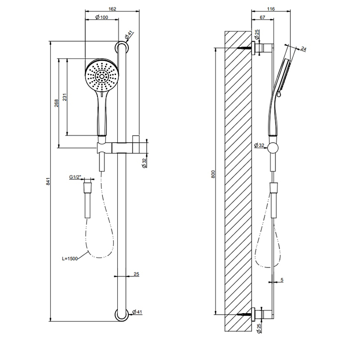 Gessi Emporio shower штанга в комплекте с душевой лейкой на 3 позиции, шланг 1,50 м, цвет: Chrome - Gidratop.ru изображение