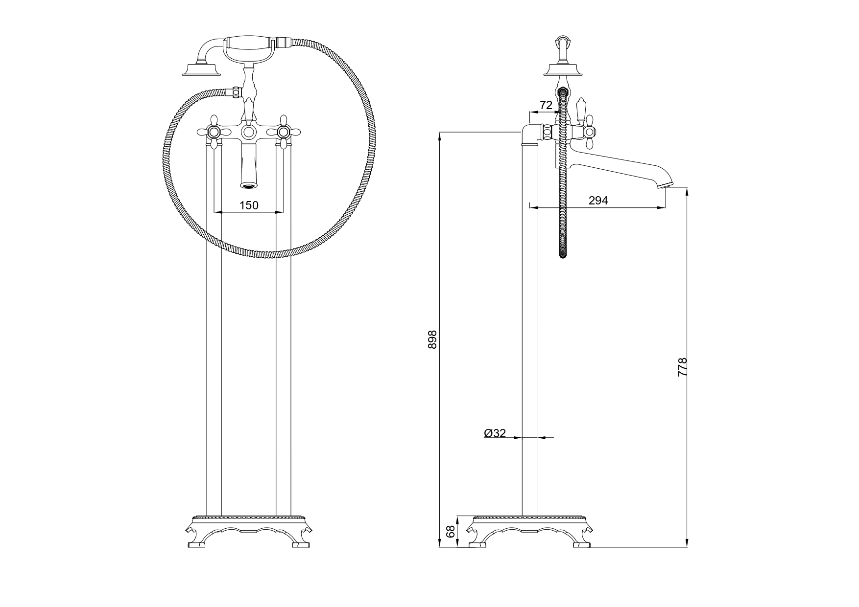 Смеситель для ванны напольного монтажа WONZON & WOGHAND RETRO, Брашированное золото (WW-88649020-BG) - Gidratop.ru изображение