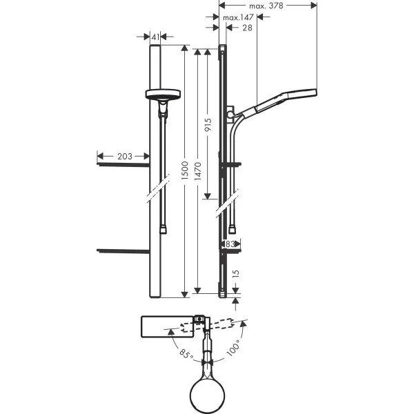 Душевой набор Hansgrohe Rainfinity 130 3jet 27674000 Unica'1500 Casetta EcoSmart, корпус хром, лицевая часть черная, 3 режима струи - Gidratop.ru изображение