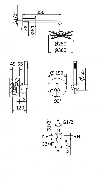 LEAF-DSIP-T-25-SS Душевая система термостатическая с дивиатором для верхнего и ручного душа, верхний душ из стены 25 см, исполнение Sunset - Gidratop.ru изображение