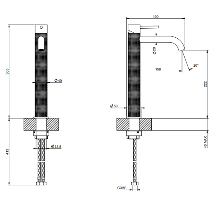 GESSI 316 смеситель для раковины на 1 отверстие, высокий, h=305мм, без донного клапана, излив 156мм, цвет: brushed black metal pvd - Gidratop.ru изображение