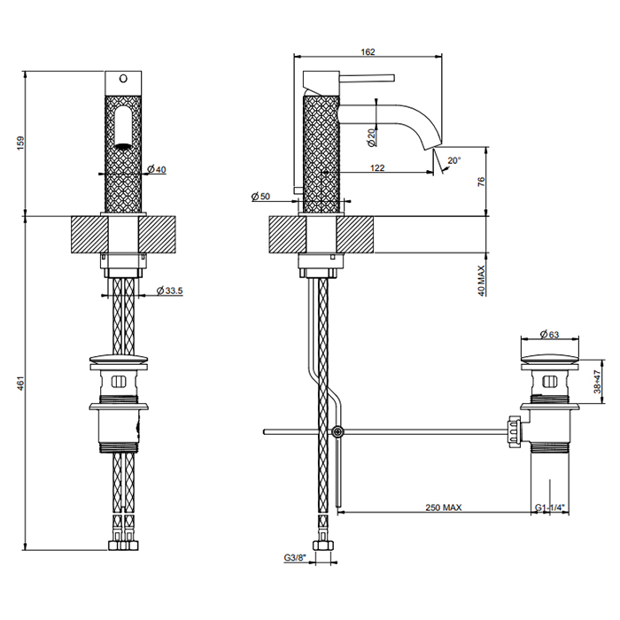 GESSI 316 смеситель для раковины на 1 отверстие с донным клапаном, излив 123мм, цвет: brushed black metal pvd - Gidratop.ru изображение