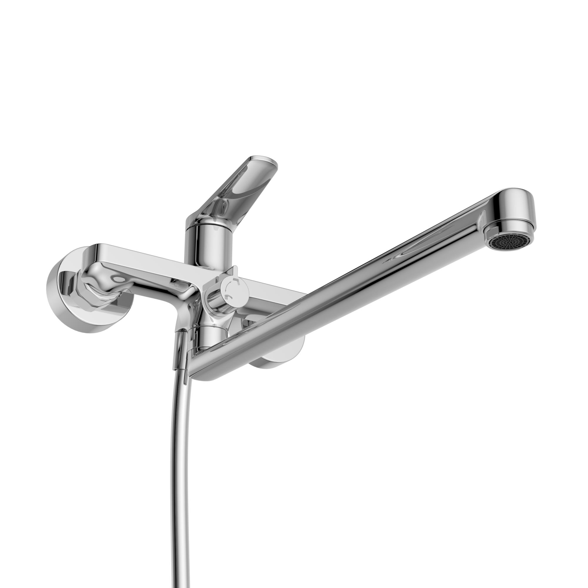 UNIQUE Смеситель для ванны и душа с длинным изливом в комплекте с ручным душем, шлангом и держателем, хром UNIQUE-VASM-L-CRM - Gidratop.ru изображение