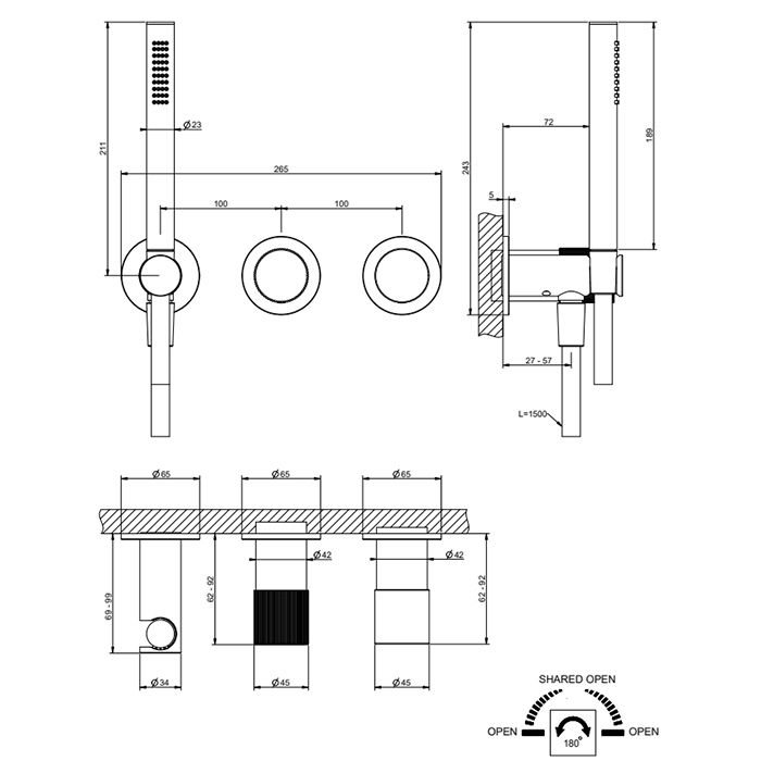 GESSI HABITO RIGATO смеситель настенный встраиваемый, однорычажный, с переключателем на 2 положения, с ручным душем, настен держ, цвет Black Metal PVD - Gidratop.ru изображение
