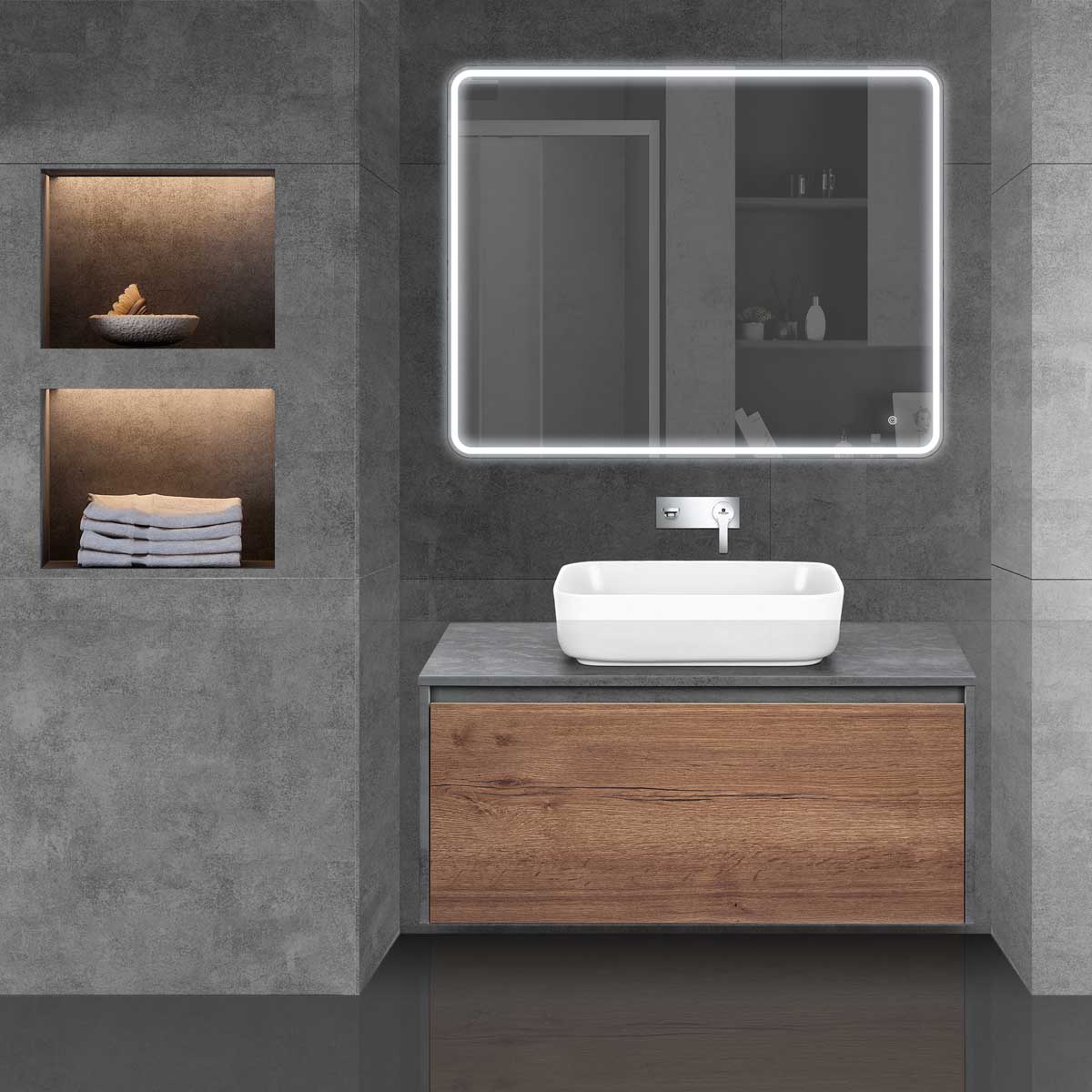 База под накладную раковину Mesa 1000 подвесная, 1 выкатной/1 скрытый ящик soft close, T.Oak + Beton - Gidratop.ru изображение