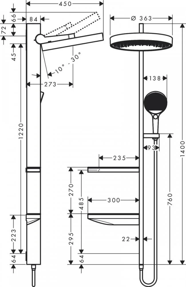Душевой гарнитур Hansgrohe Rainfinity Showerpipe 360 26842000, 1 режим струи, корпус хром, лицевая часть черная - Gidratop.ru изображение