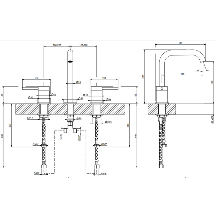GESSI 316 смеситель для раковины на 3 отверстия, без донного клапана, излив 156мм, h=201мм, цвет: brushed black metal pvd - Gidratop.ru изображение