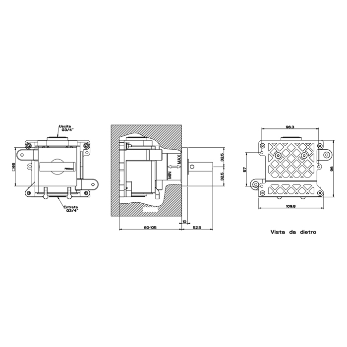 Gessi Rettangolo встраиваемый запорный вентиль для термостатического смесителя, подключение на 3/4 (внешняя часть), цвет: черный - Gidratop.ru изображение