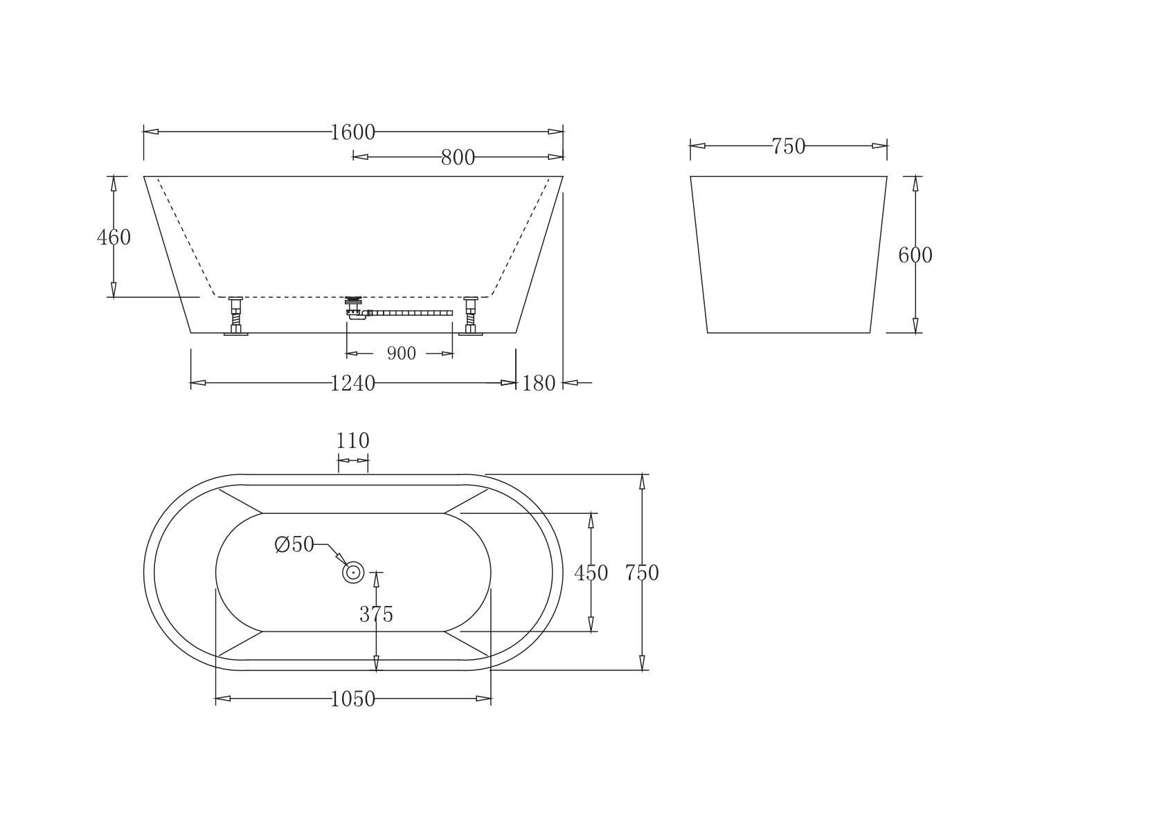 Акриловая ванна без перелива BELBAGNO BB71-1600-W0, 1600x750x600 - Gidratop.ru изображение