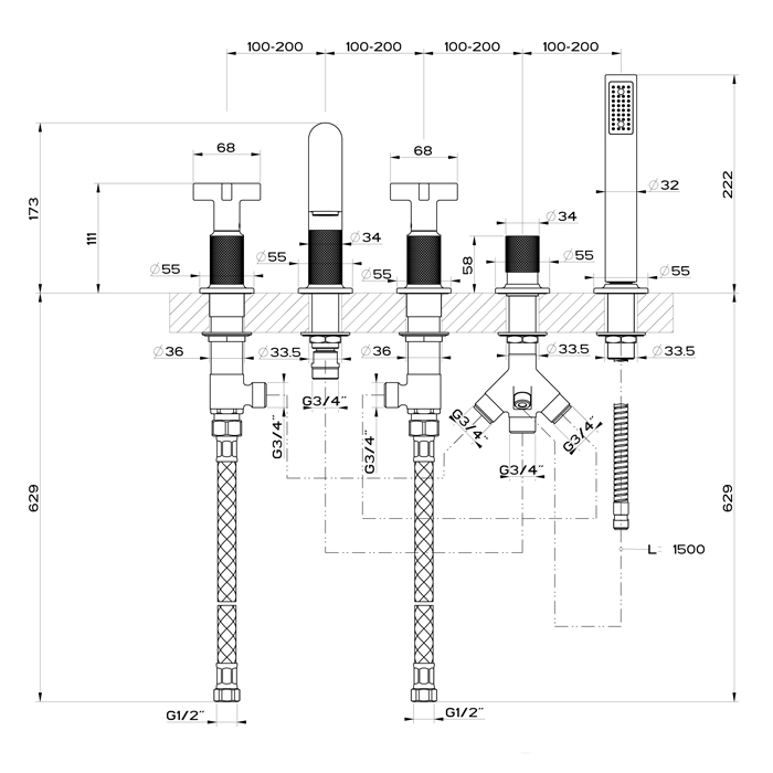 GESSI INCISO смеситель для ванны на 5 отверстий с изливом, переключателем, ручным душем и шлангом 1,50 м, цвет: Finox Brushed Nickel - Gidratop.ru изображение