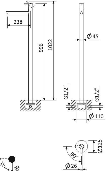 LEAF-TVP-L-01-W0 Смеситель для раковины напольный, однорычажный без донного клапана, исполнение Хром - Gidratop.ru изображение