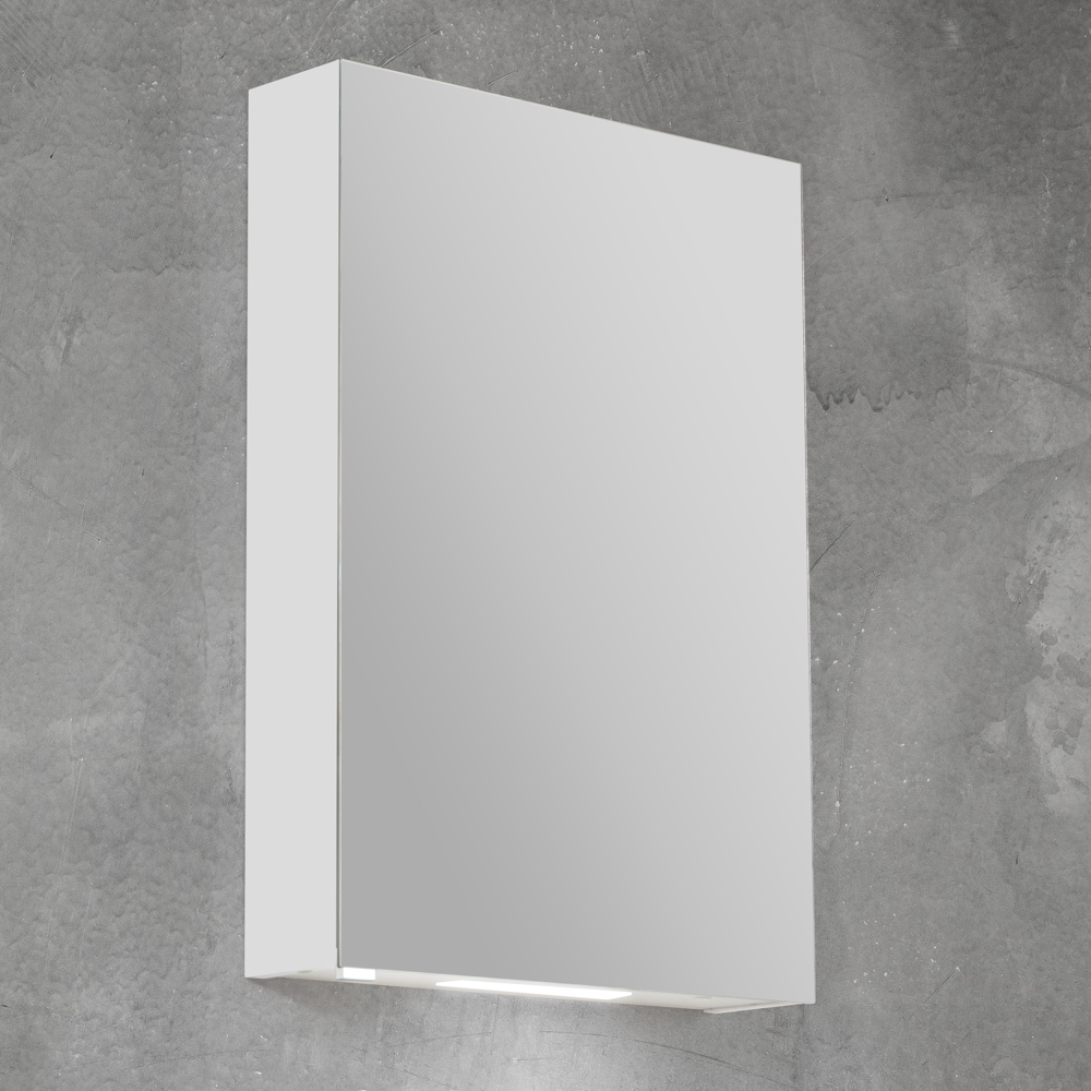 Зеркальный шкаф с нижней подсветкой дверей, с одной распашной дверью с двусторонним зеркальным полотном, со стеклянными полками, с розеткой и сенсорным выключателем, правосторонний SPC-1A-DL-BL-600, 8W, 220-240V 600x130x700 - Gidratop.ru изображение