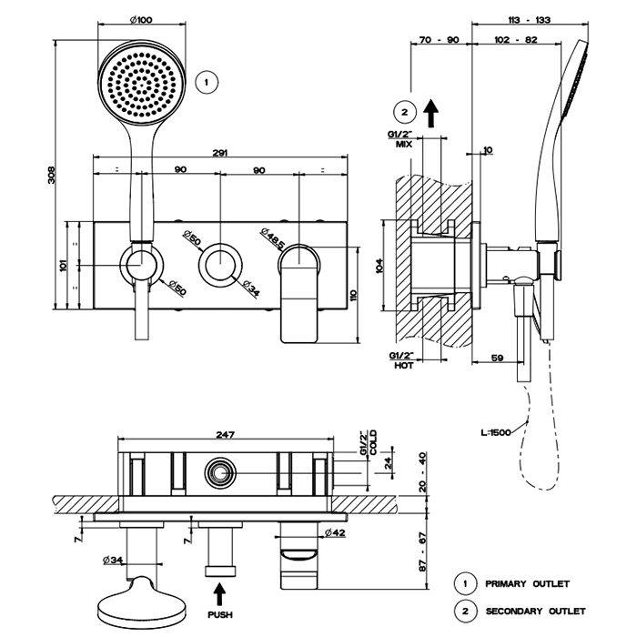GESSI Rilievo встраиваемый смеситель для душа на 2 источника, с душевой лейкой и переключателем (внешние части), цвет: nero XL - Gidratop.ru изображение