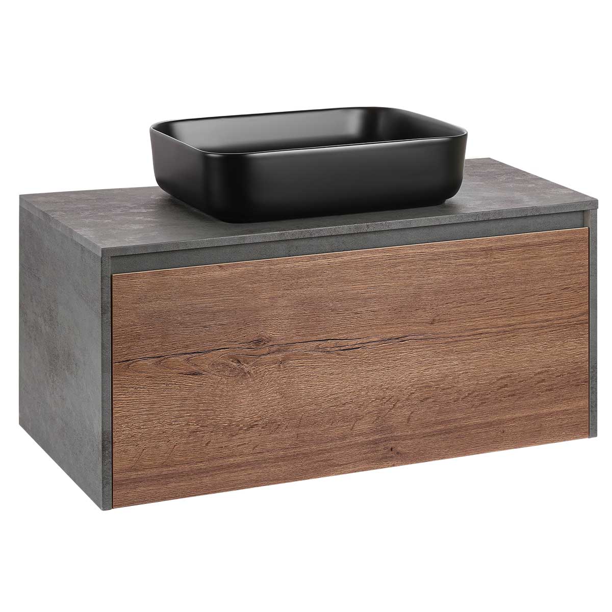 База под накладную раковину Mesa 1000 подвесная, 1 выкатной/1 скрытый ящик soft close, T.Oak + Beton - Gidratop.ru изображение