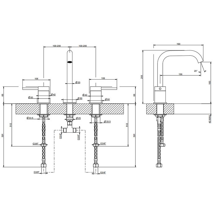 GESSI 316 смеситель для раковины на 3 отверстия, без донного клапана, излив 156мм, h=201мм, цвет: Brushed Brass PVD - Gidratop.ru изображение