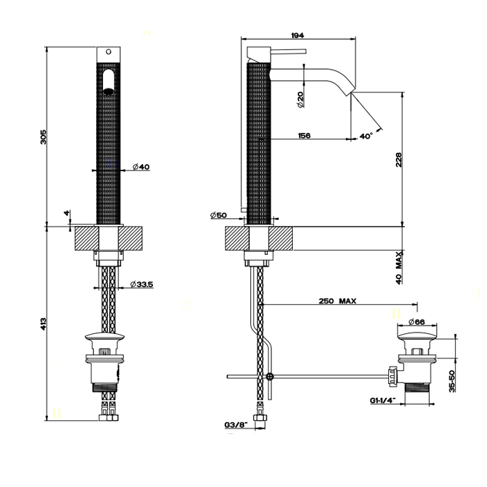 GESSI 316 смеситель для раковины на 1 отверстие, высокий h=305мм, с донным клапаном, излив 156мм, цвет: steel brushed - Gidratop.ru изображение