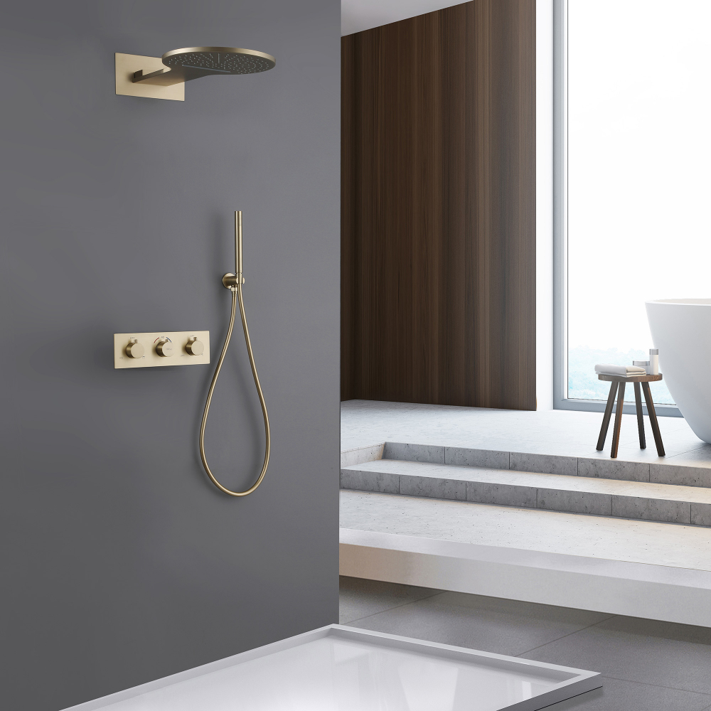 Душевая система ABBER Wasser Kreis AF8151G скрытого монтажа без излива, термостат, золото матовое - Gidratop.ru изображение