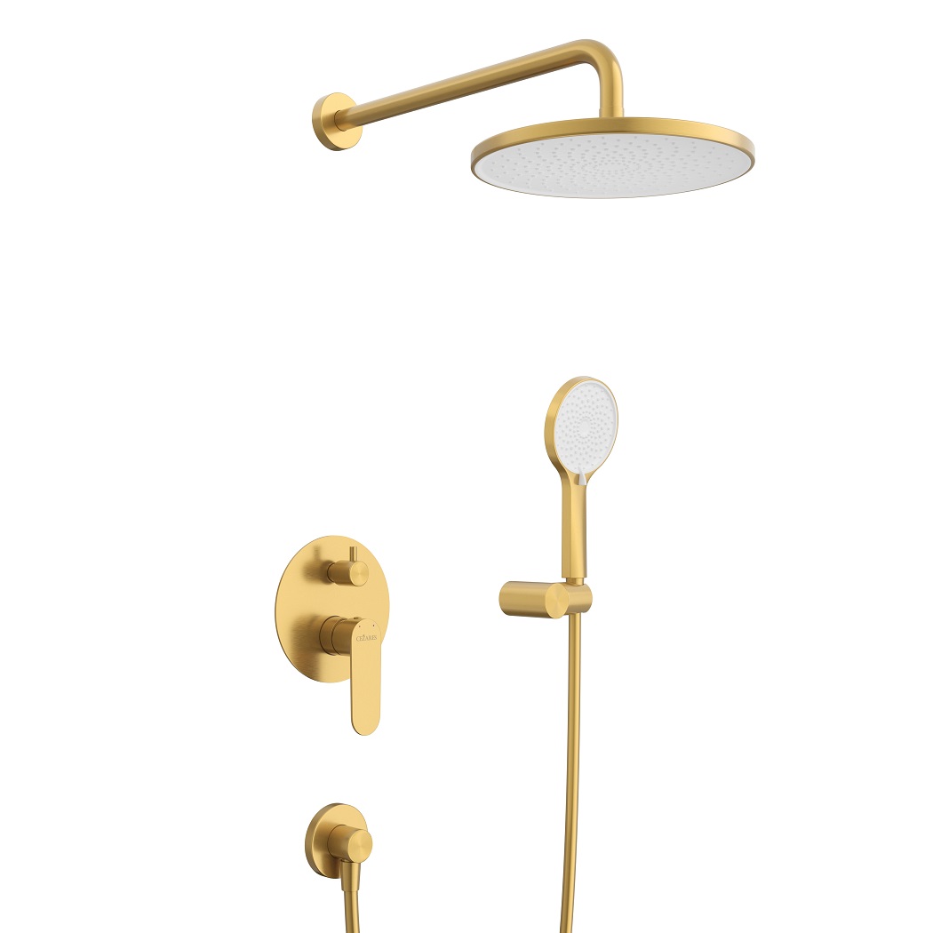STYLUS-DSET-BORO Душевой комплект встраиваемый (смеситель встраиваемый, верхний душ, ручной душ со шлангом, штуцер с держателем), брашированное золото - Gidratop.ru изображение