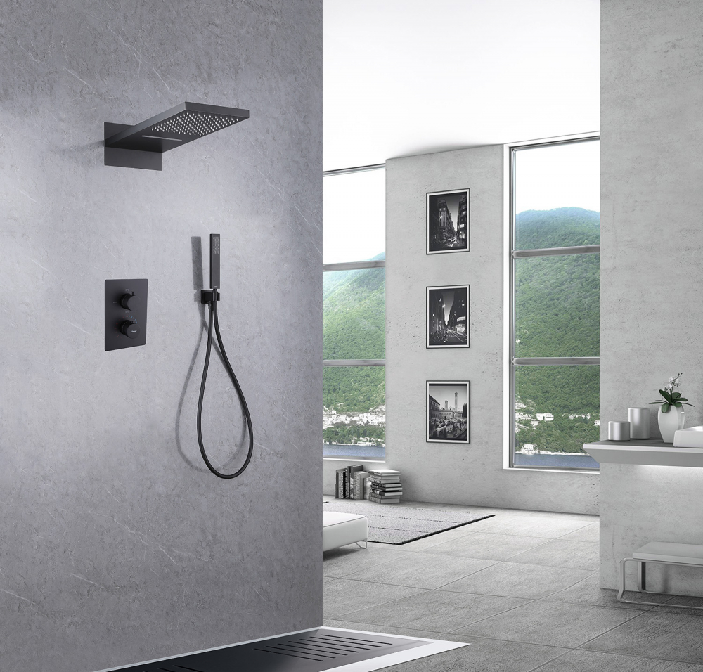 Душевая система ABBER Weiss Insel AF8052B скрытого монтажа без излива, термостат, черная матовая - Gidratop.ru изображение