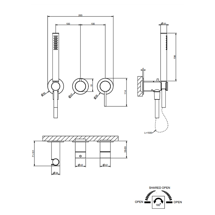 GESSI 316 смеситель встраиваемый на 2 источника. с подводом воды, ручной лейкой, цвет Steel Brushed (внешняя часть) - Gidratop.ru изображение