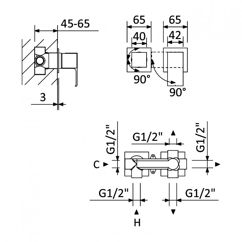 PORTA-VDIM3-M-SR Встраиваемый однорычажный смеситель с поворотном переключателем на 3 выхода, исполнение sunrise - Gidratop.ru изображение