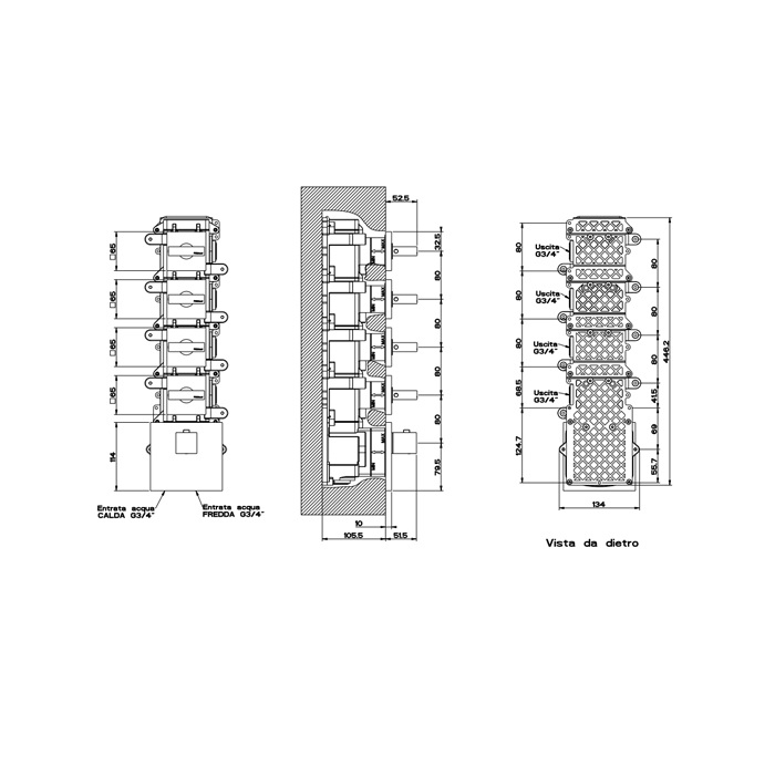 Gessi Rettangolo встраиваемый термостат, подключение на 3/4, с 4мя независимыми выходами(внешние части), цвет: черный - Gidratop.ru изображение