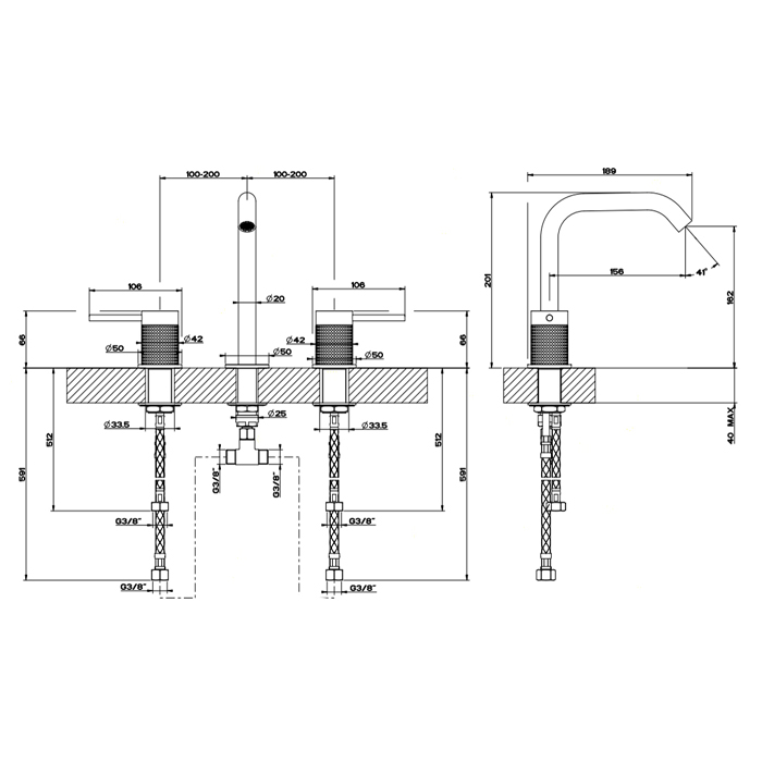 GESSI 316 смеситель для раковины на 3 отверстия, без донного клапана, излив 156мм, h=201мм, цвет: steel brushed - Gidratop.ru изображение
