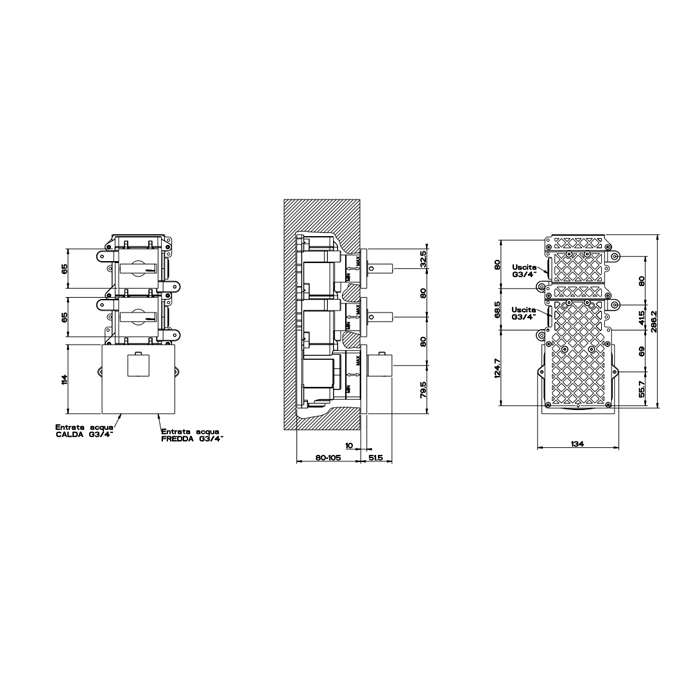 Gessi Rettangolo встраиваемый термостат, подключение на 3/4, с 2мя независимыми выходами(внешние части), цвет: черный - Gidratop.ru изображение