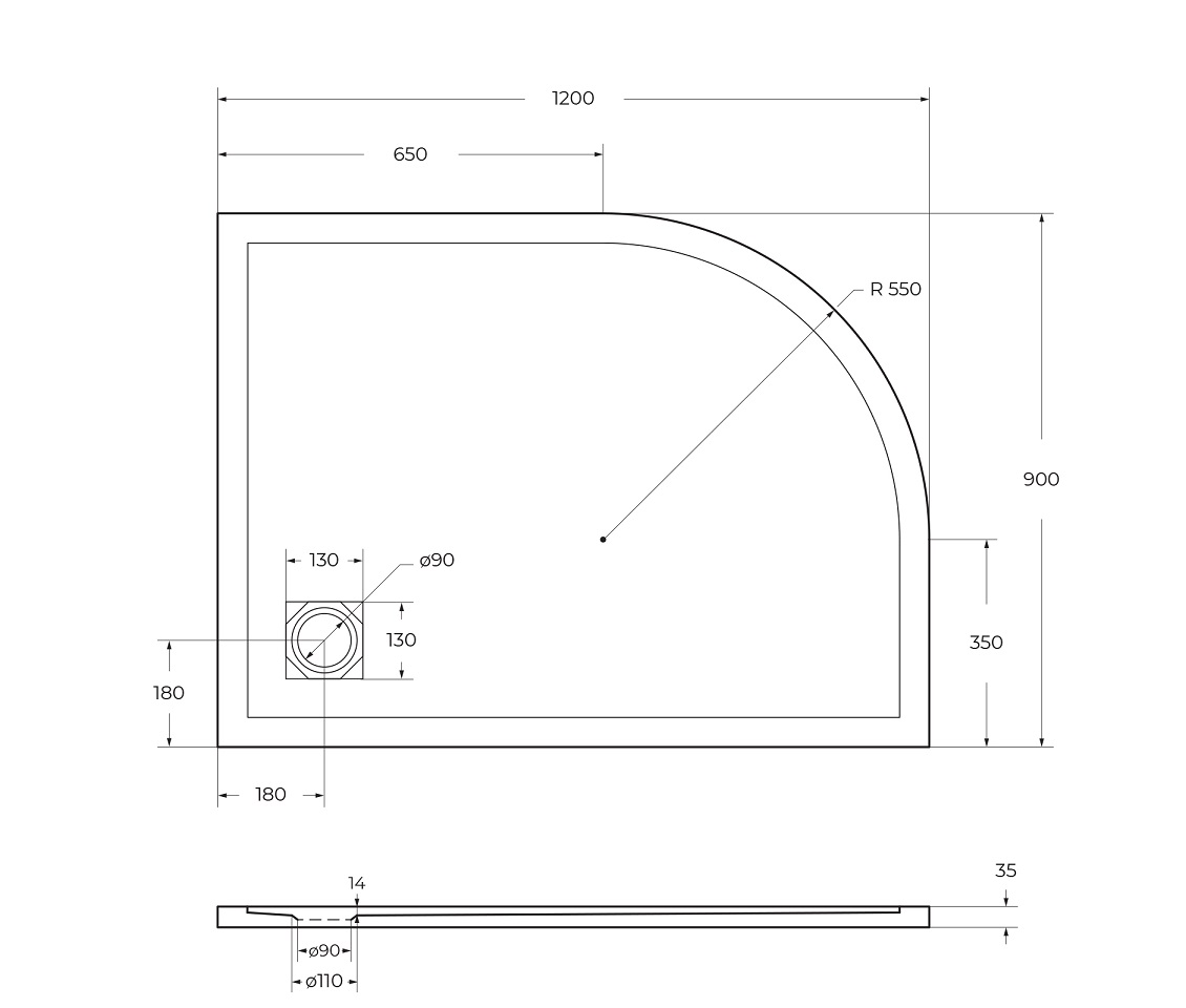Душевой поддон из искусственного мрамора в комплекте с сифоном BelBagno UNO TRAY-MR-UNO-RH-120/90-550-35-W-R-CR - Gidratop.ru изображение