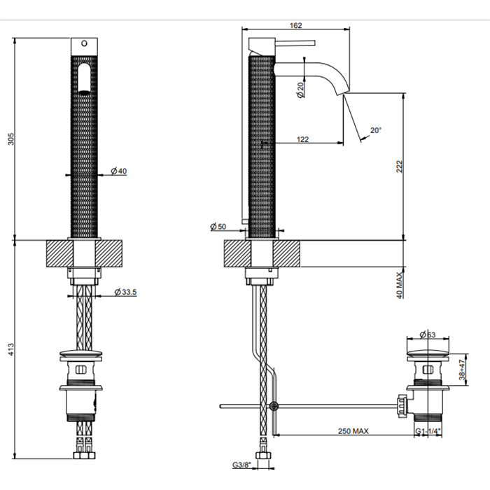 GESSI 316 смеситель для раковины на 1 отверстие, высокий h=305мм, с донным клапаном, излив 123мм, цвет: brushed black metal pvd - Gidratop.ru изображение
